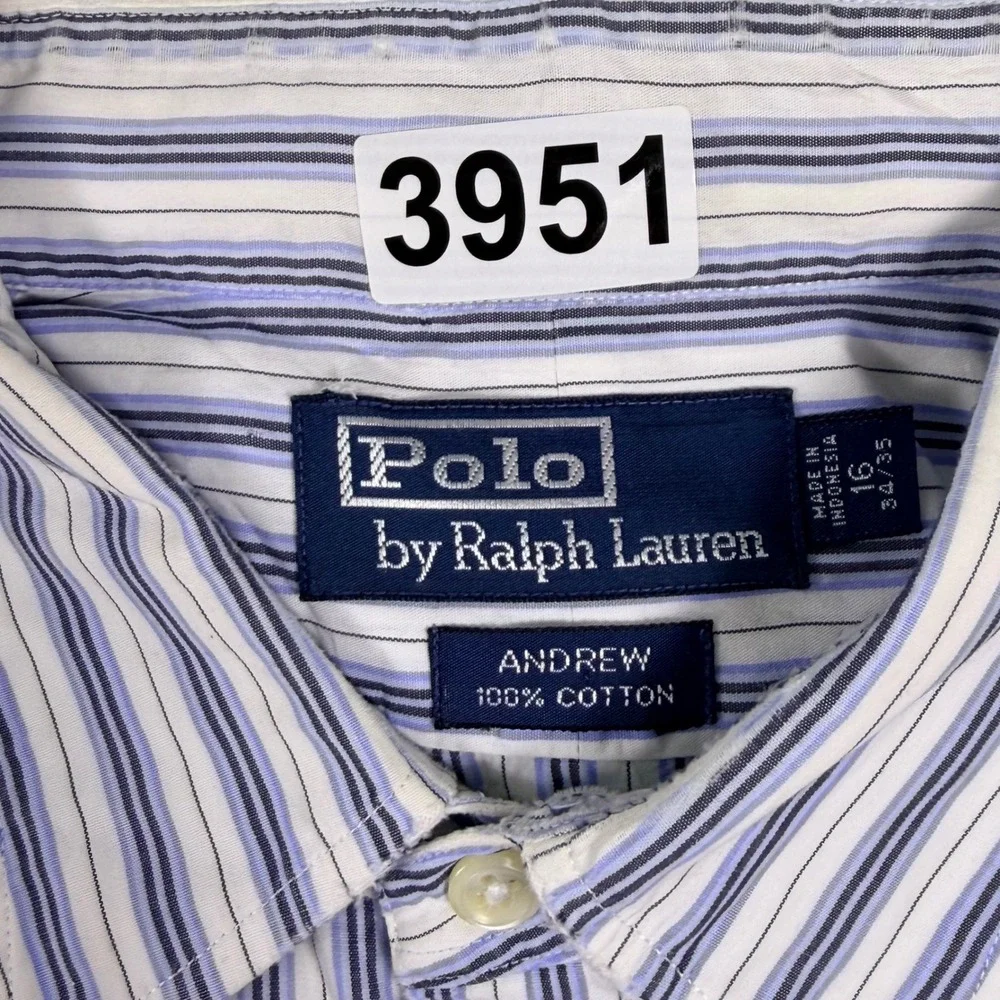 Vintage Polo Ralph Lauren‎ Andrew Button Down Men 16 Large Blue Stripe Poplin